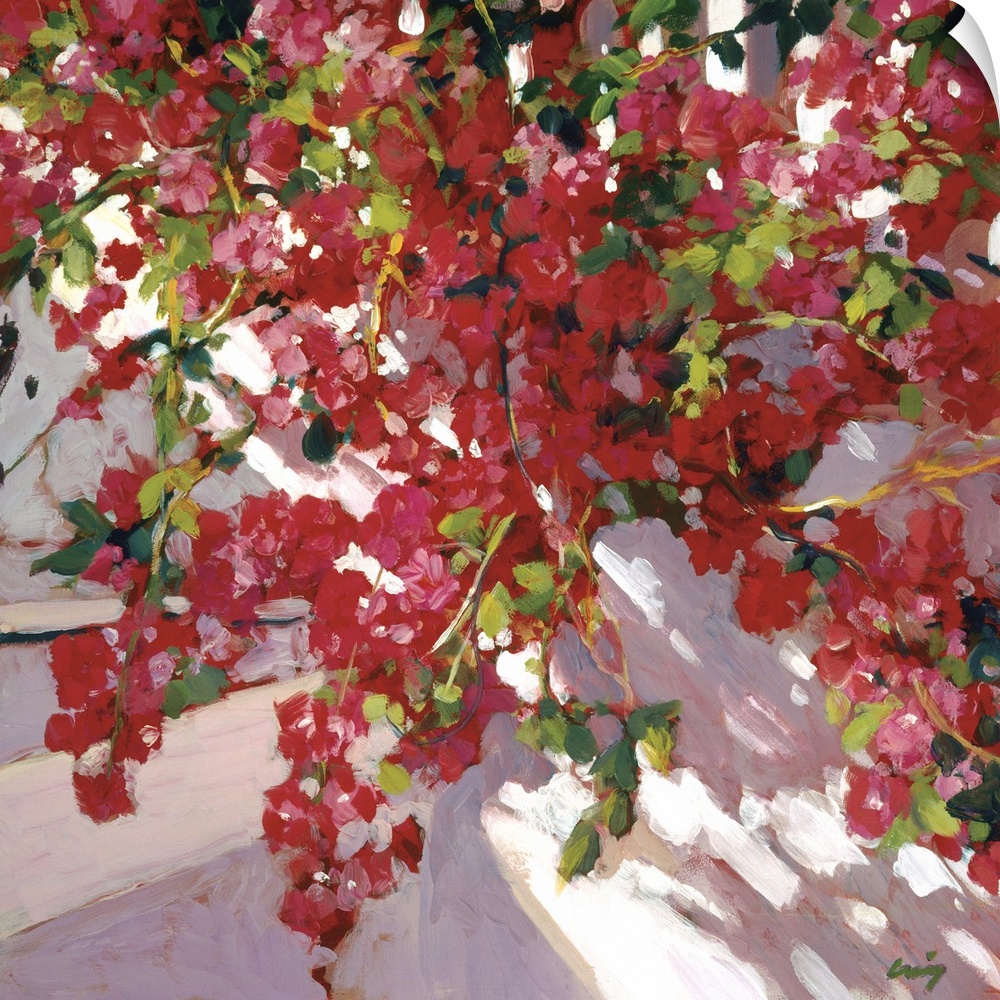 A square contemporary painting of a red blooming hanging plant on a porch.