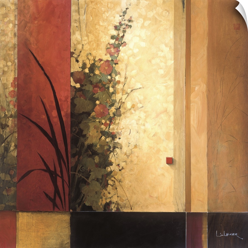 A contemporary Asian theme painting with flowers and a square grid design.