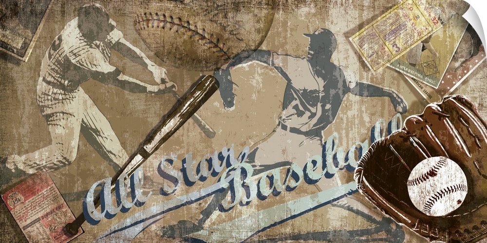 Baseball decorative artwork with baseball items such as bat, program and ball with the text "All Star Baseball".
