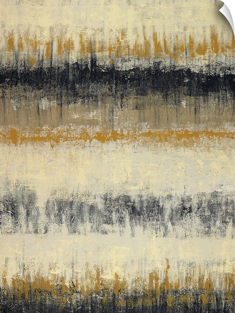 Vertical abstract of horizontal rows of textured lines in black, beige and mustard colors.