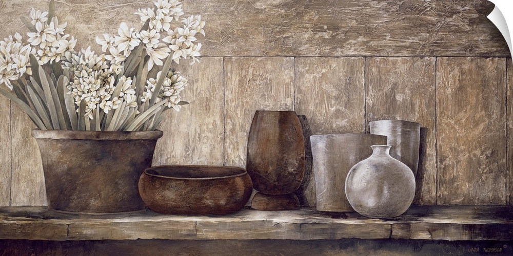Still life painting in sepia shades of vases on a table and a bowl of flowers.