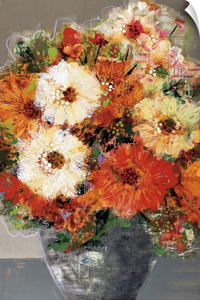 A complementary painting of a large vase of bright orange and yellow flowers in a textured pattern.