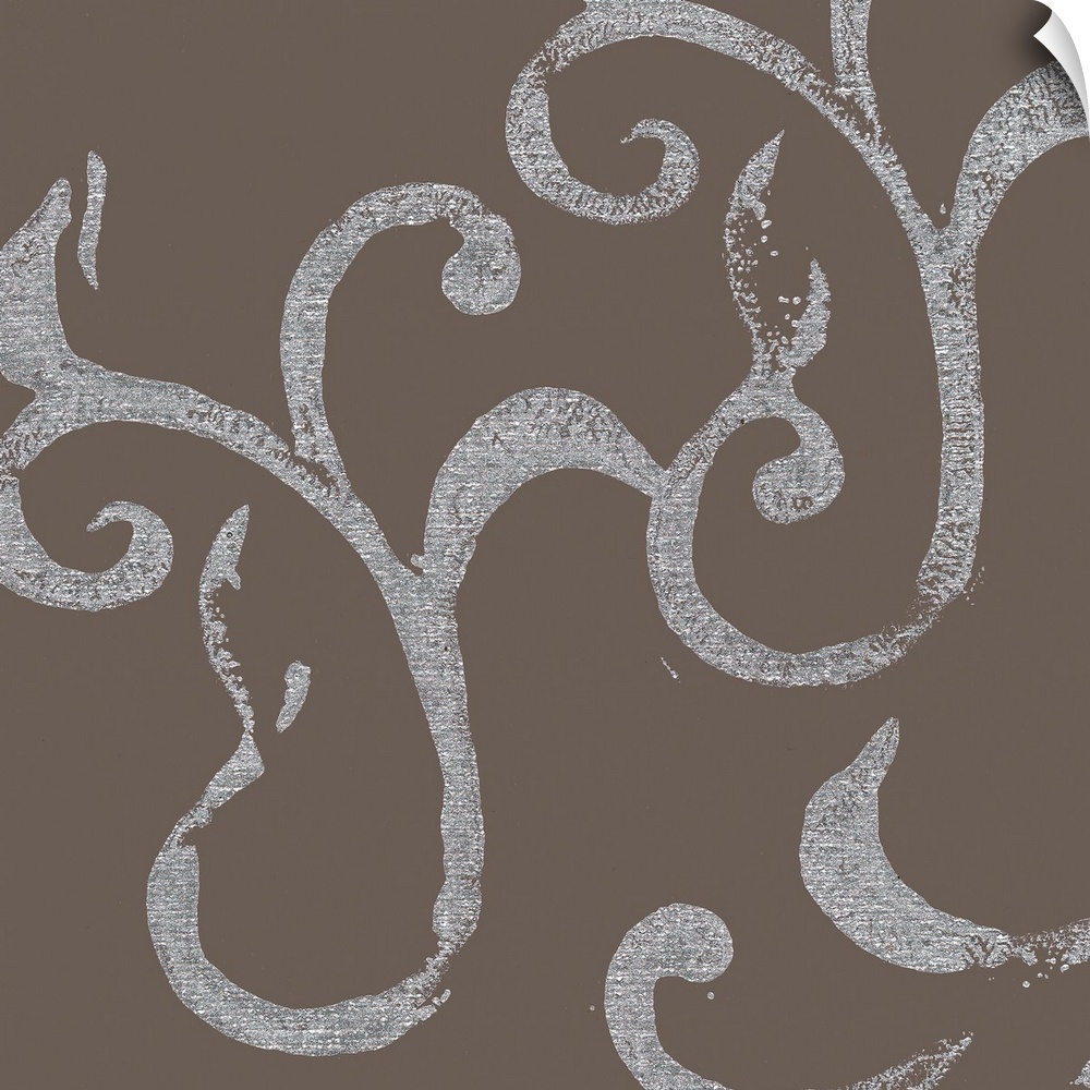 A square abstract of flourish swirls in silver against of gray backdrop.