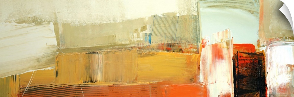 A horizontal abstract painting in vibrant textured colors of orange, yellow and black in box shapes.
