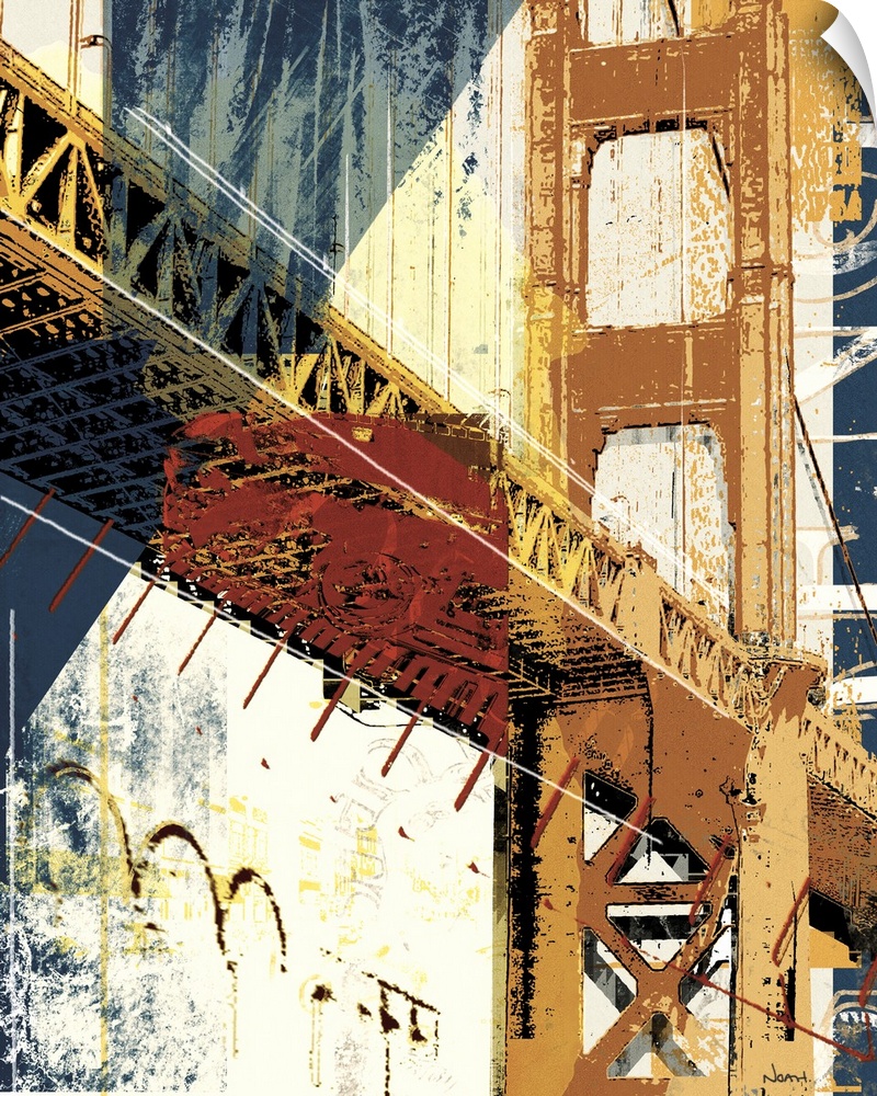 Contemporary artwork of a bridge into Manhattan in textures and vibrant colors.