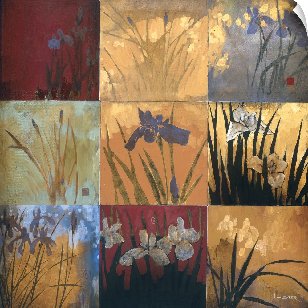 Square painting of nine squares of irises in different colors and views.