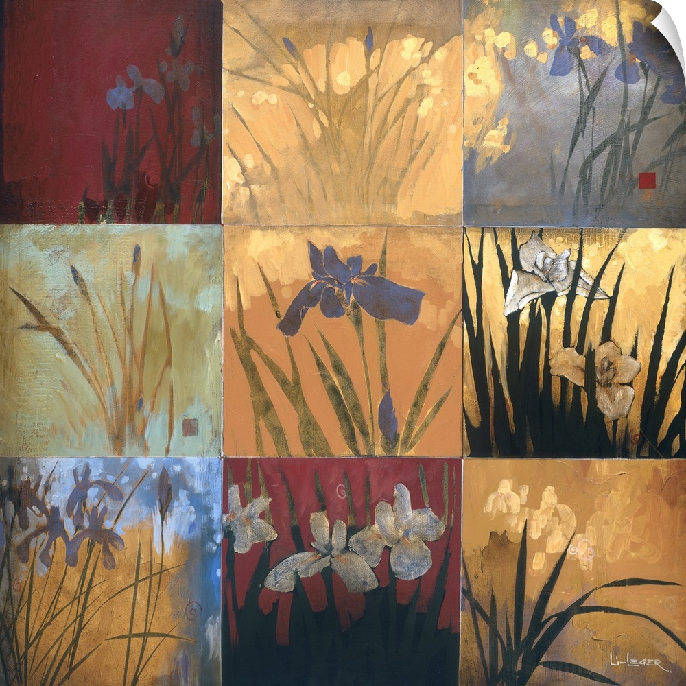 A contemporary painting of irises in a nine square grid design.