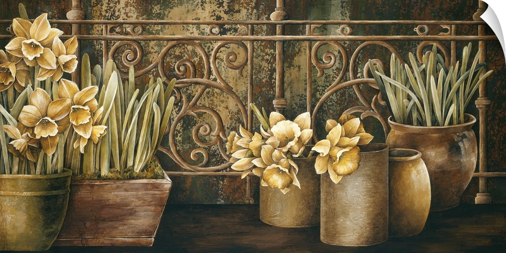 Painting of vases full of daffodils next to a decorative iron gate.