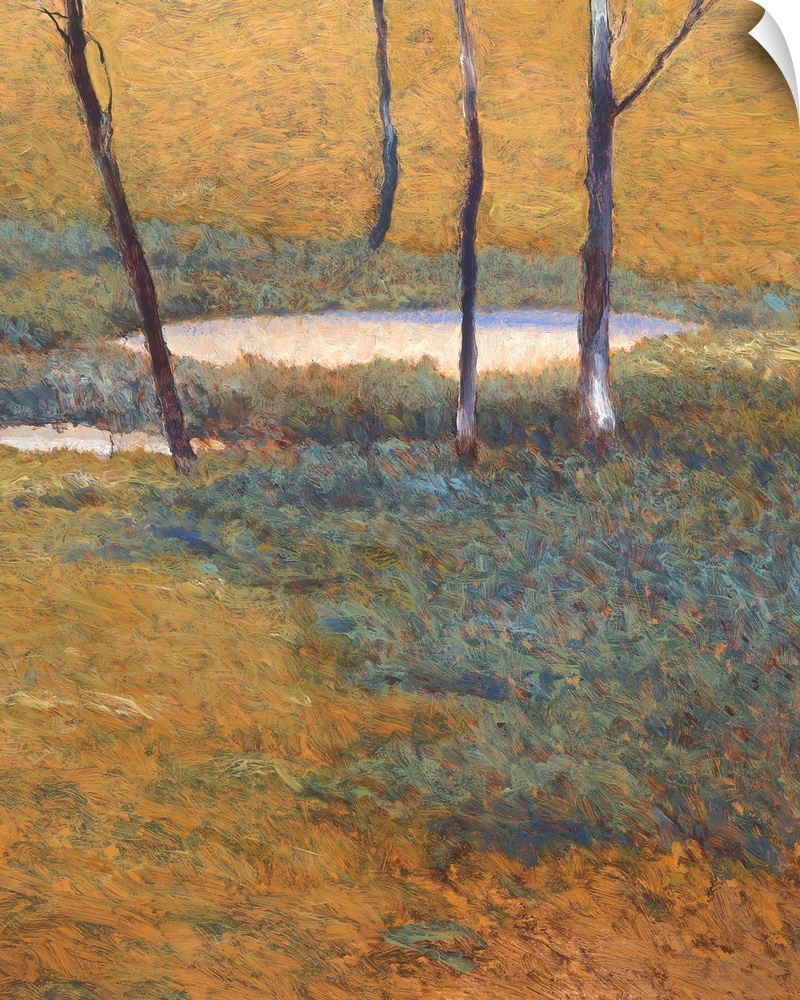 Vertical painting of a small pond surround by thin trees done with small, short brush strokes.