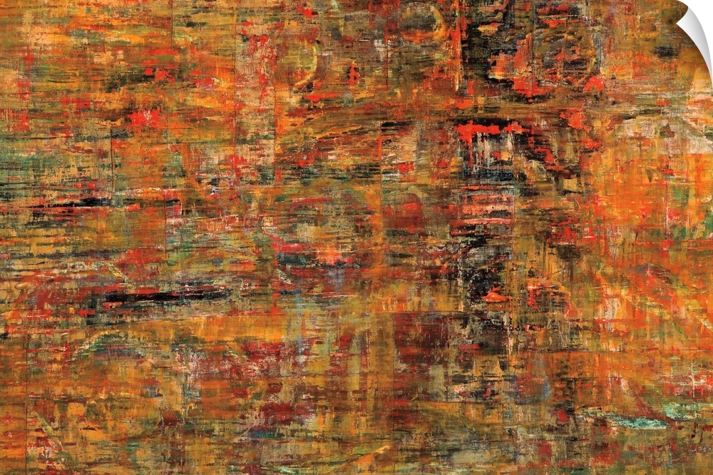 A abstract painting of texture paint in tones of orange, red, blue and black.