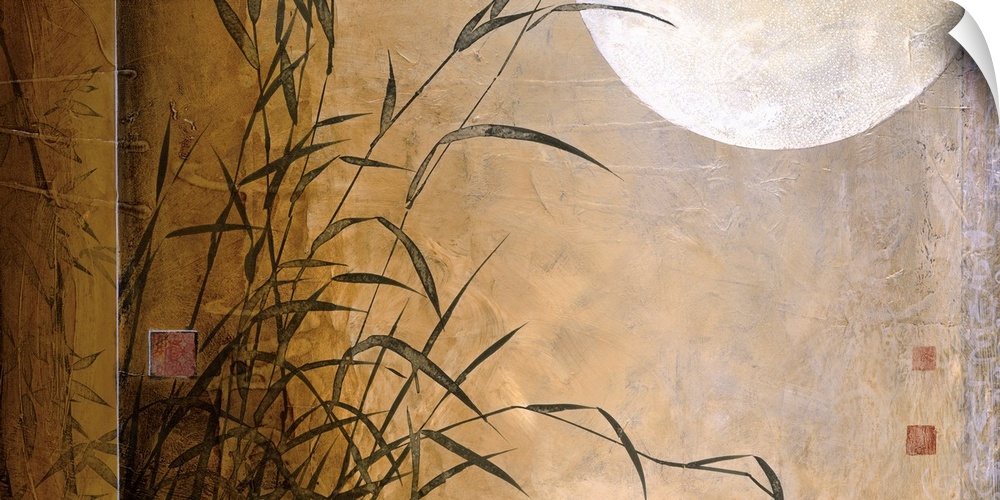 A contemporary painting with bamboo and the moon with a rectangle border on the left.