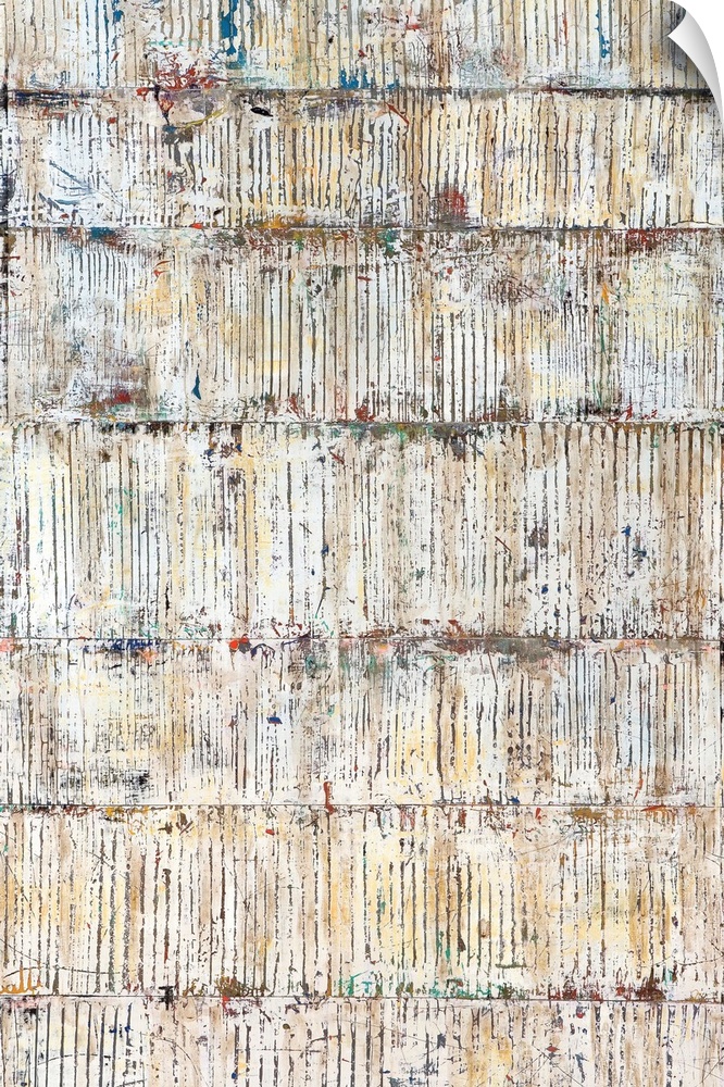 Abstract painting that has horizontal lines with small vertical lines on each section, and a weathered appearance.