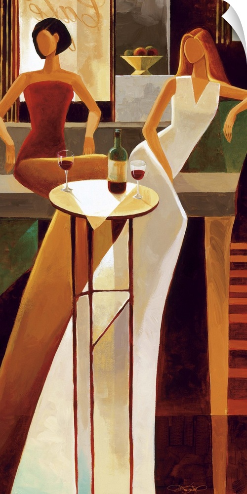 Contemporary painting of two women in evening gowns with wine.