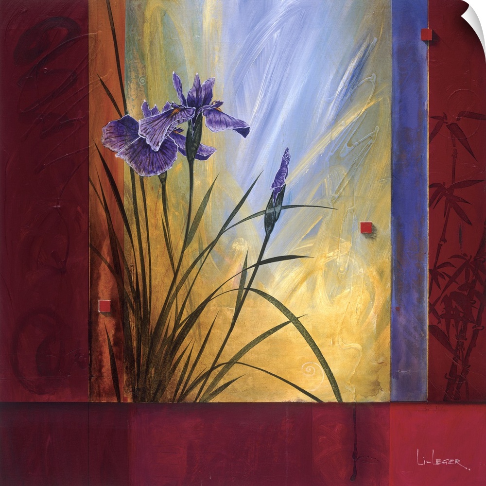 A contemporary painting of purple irises with a square grid design border.