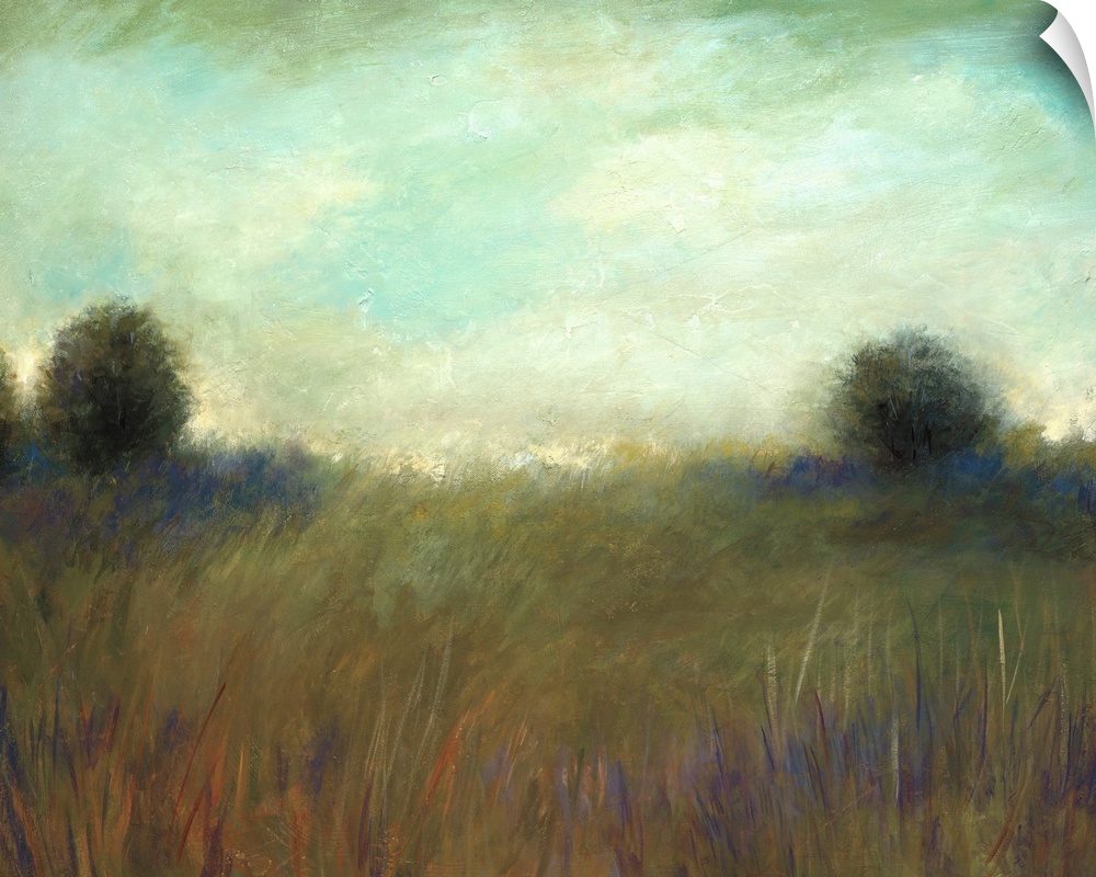 A muted contemporary painting of tall grass in a field with a line of trees in the background.