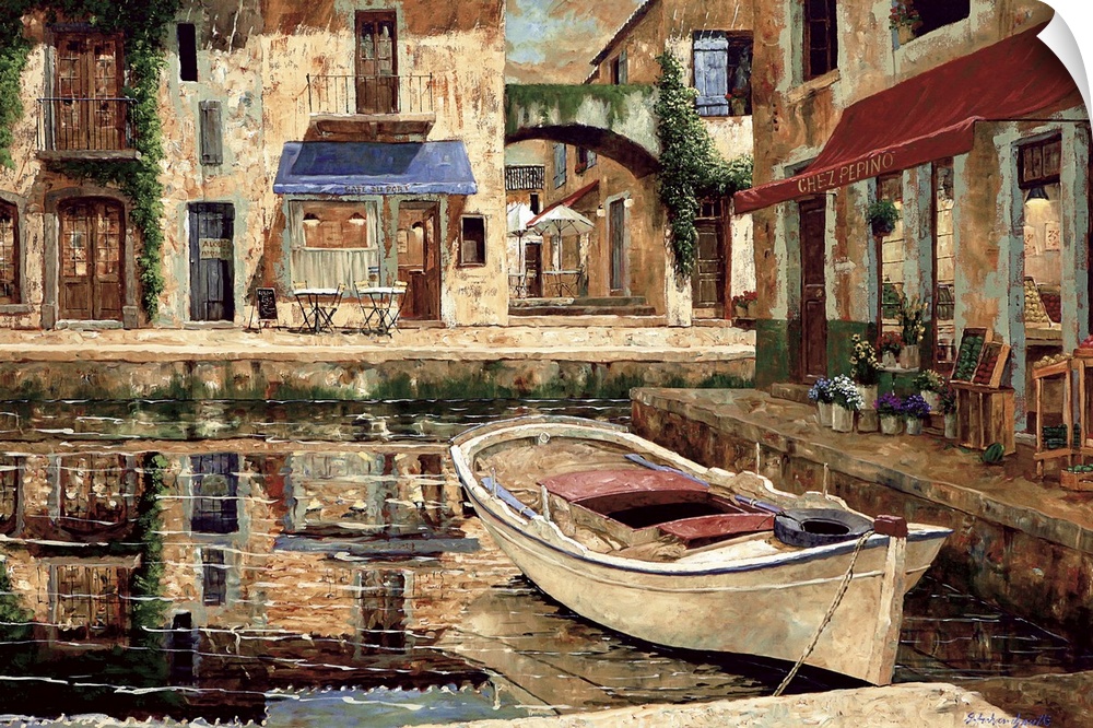 Contemporary painting of a boat docked near shops in Europe.