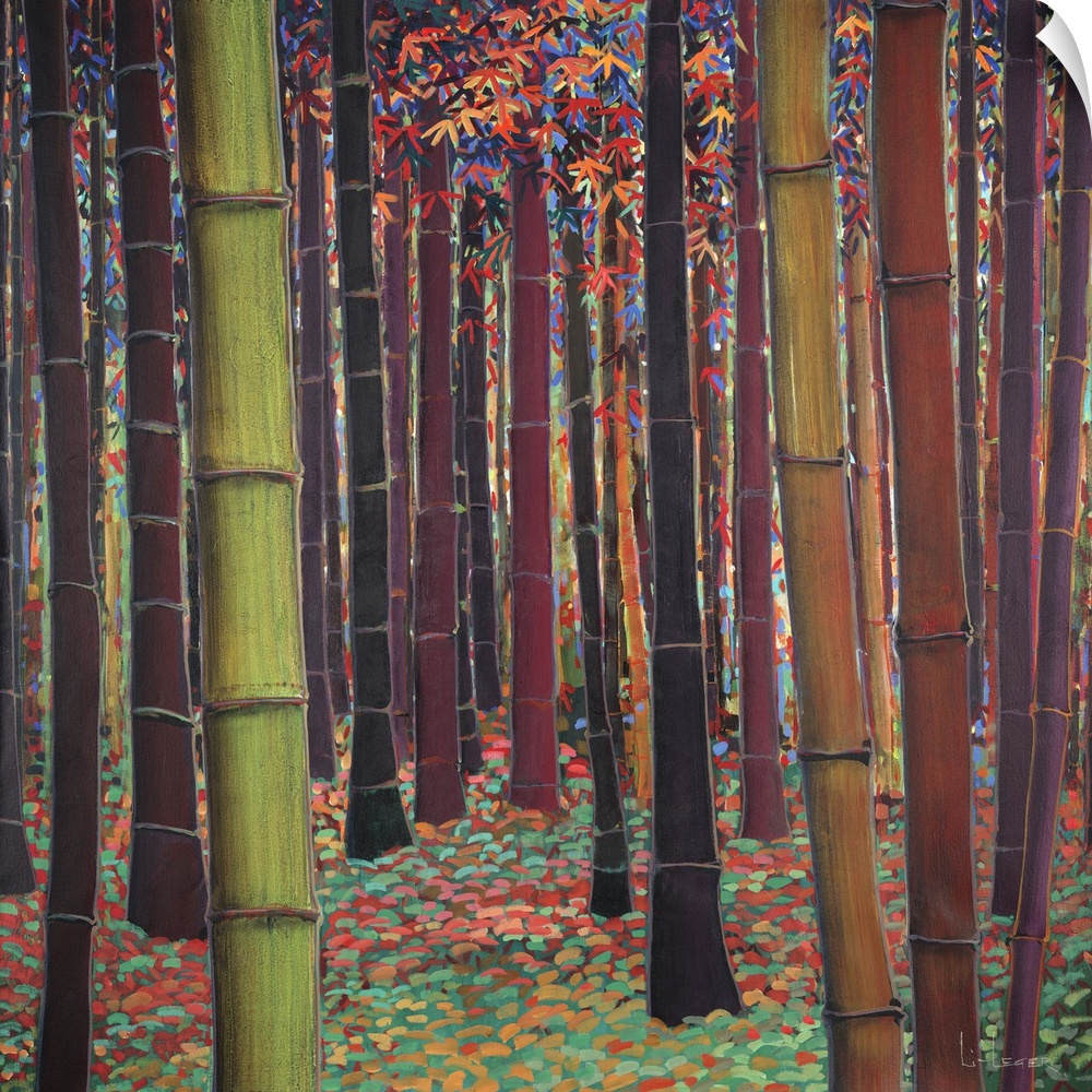 A square contemporary painting of a forest of bamboo trees in different shades of brown with colorful leaves and grass.