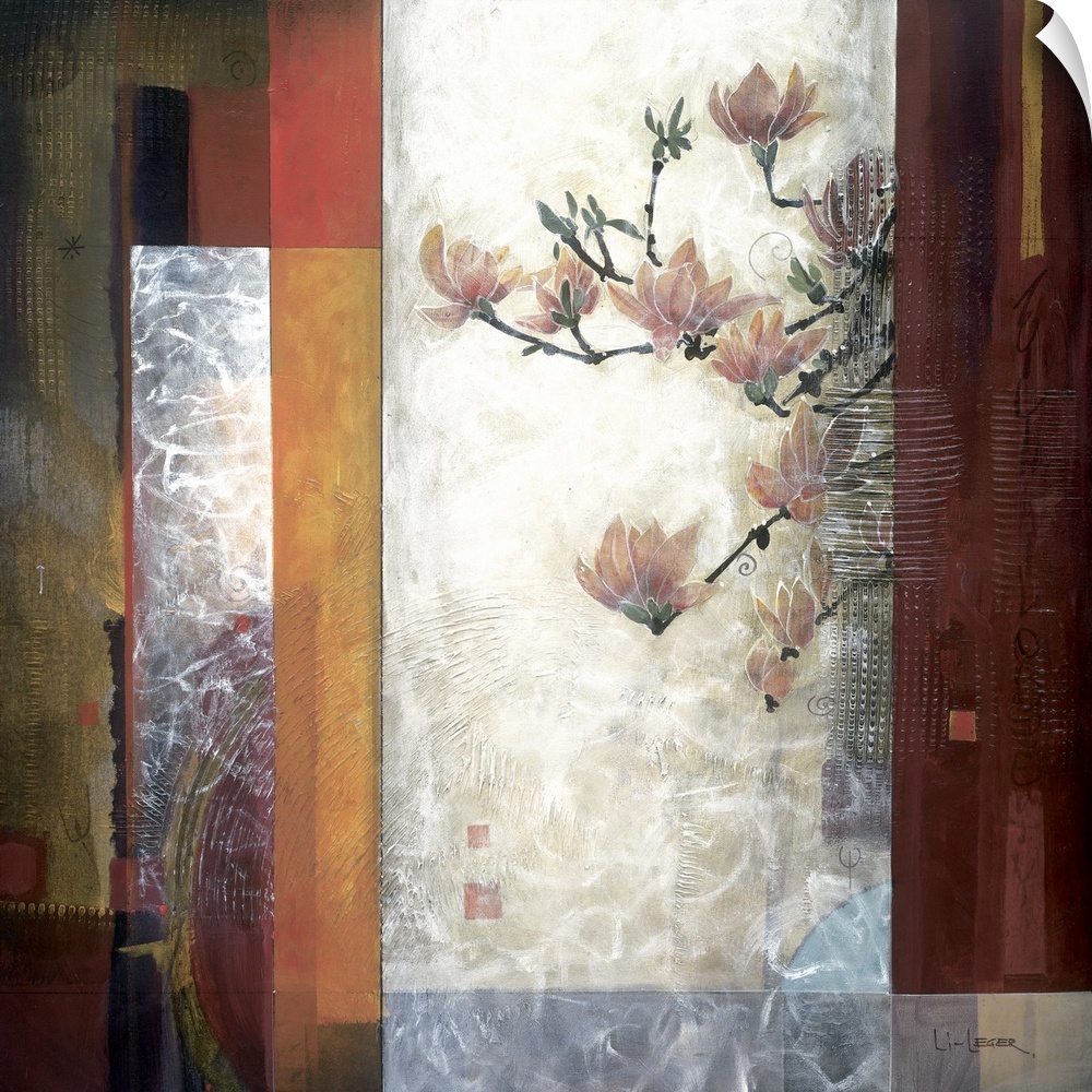A contemporary painting of red flowers with a square grid design border.