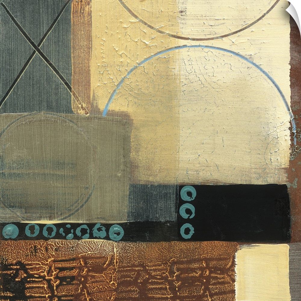 Abstract painting of squared shapes overlapped with circular and "x" elements done in textured earth tones.