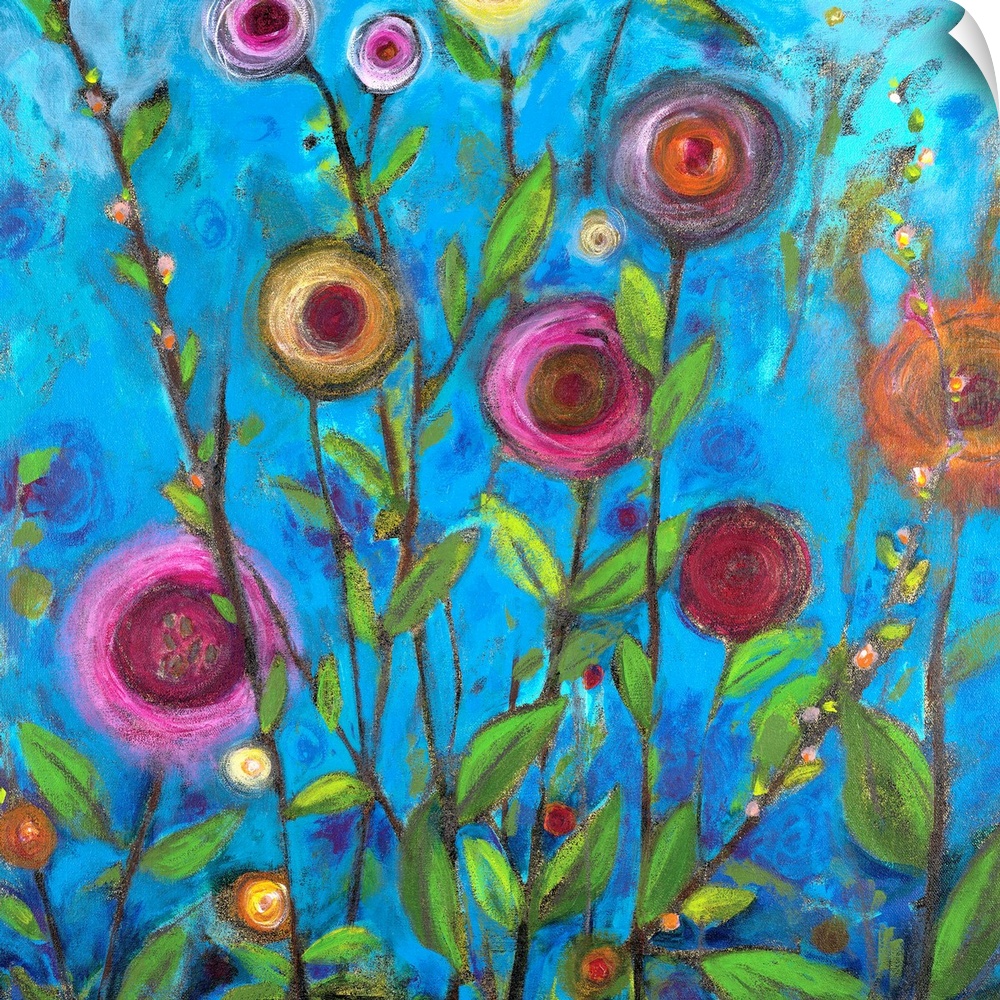 Square complementary painting of multi-colors of buttercup flowers upon a blue backdrop.