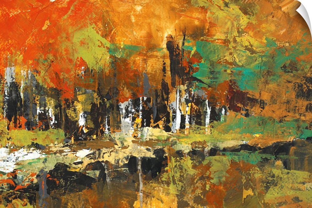 Abstract landscape  of color fall trees reflected in a pond.