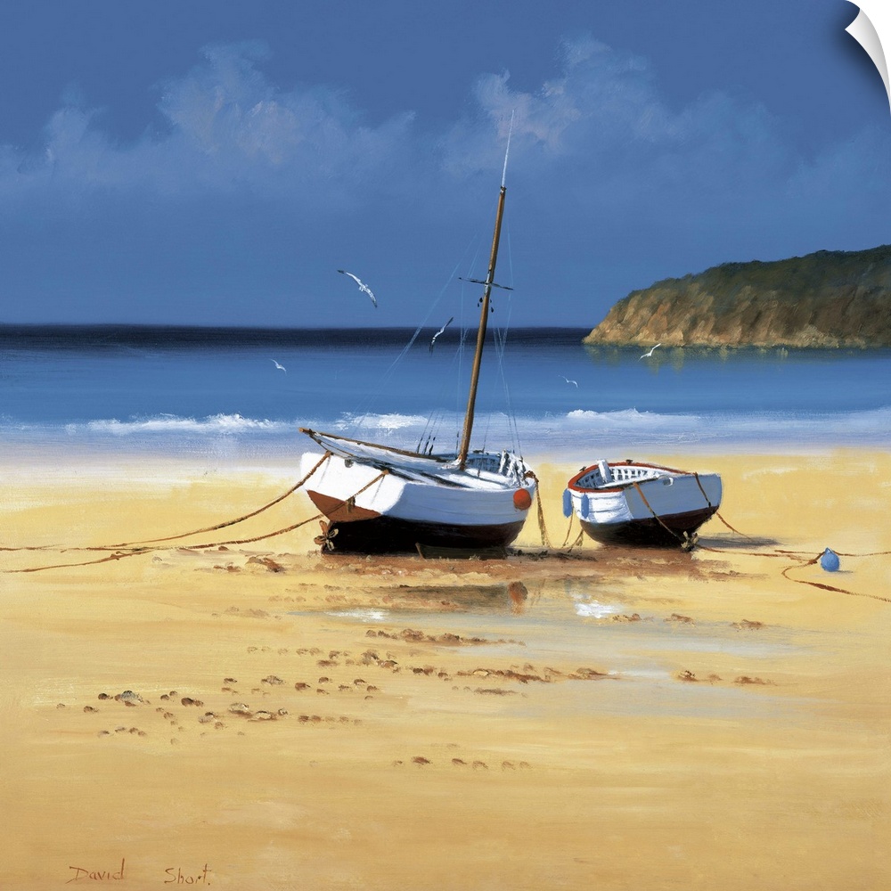 Contemporary painting of two boats moored on a sandy beach.