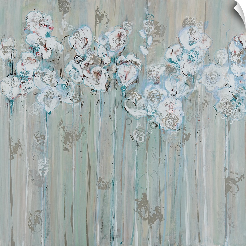 Square contemporary floral painting in muted colors of gray, white and blue.