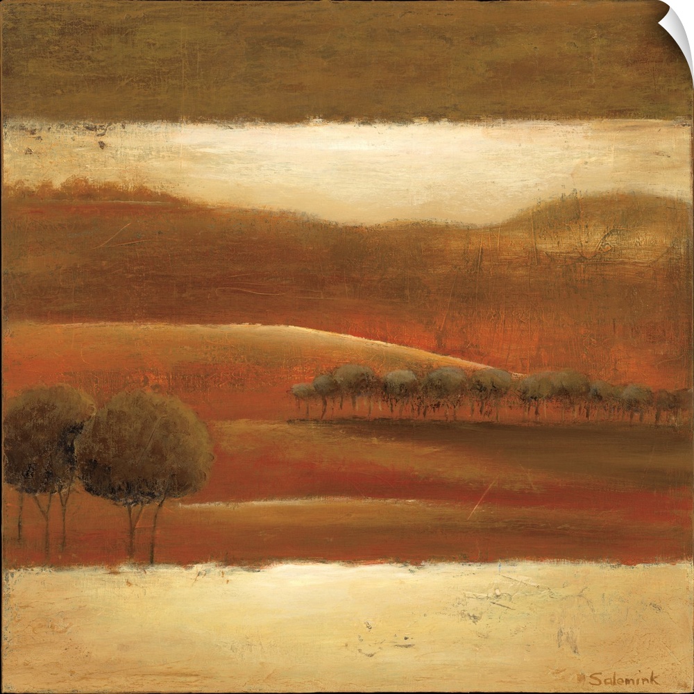A textured landscape of rolling hills with trees in tones of brown and orange.