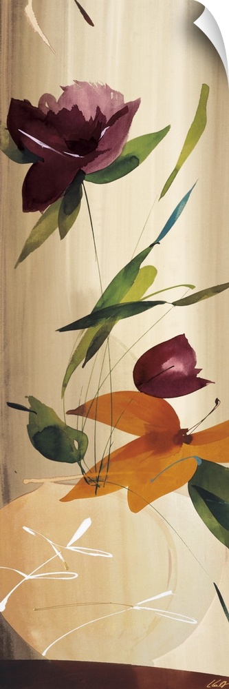 A modern abstract of a bouquet of flowers in a vase.
