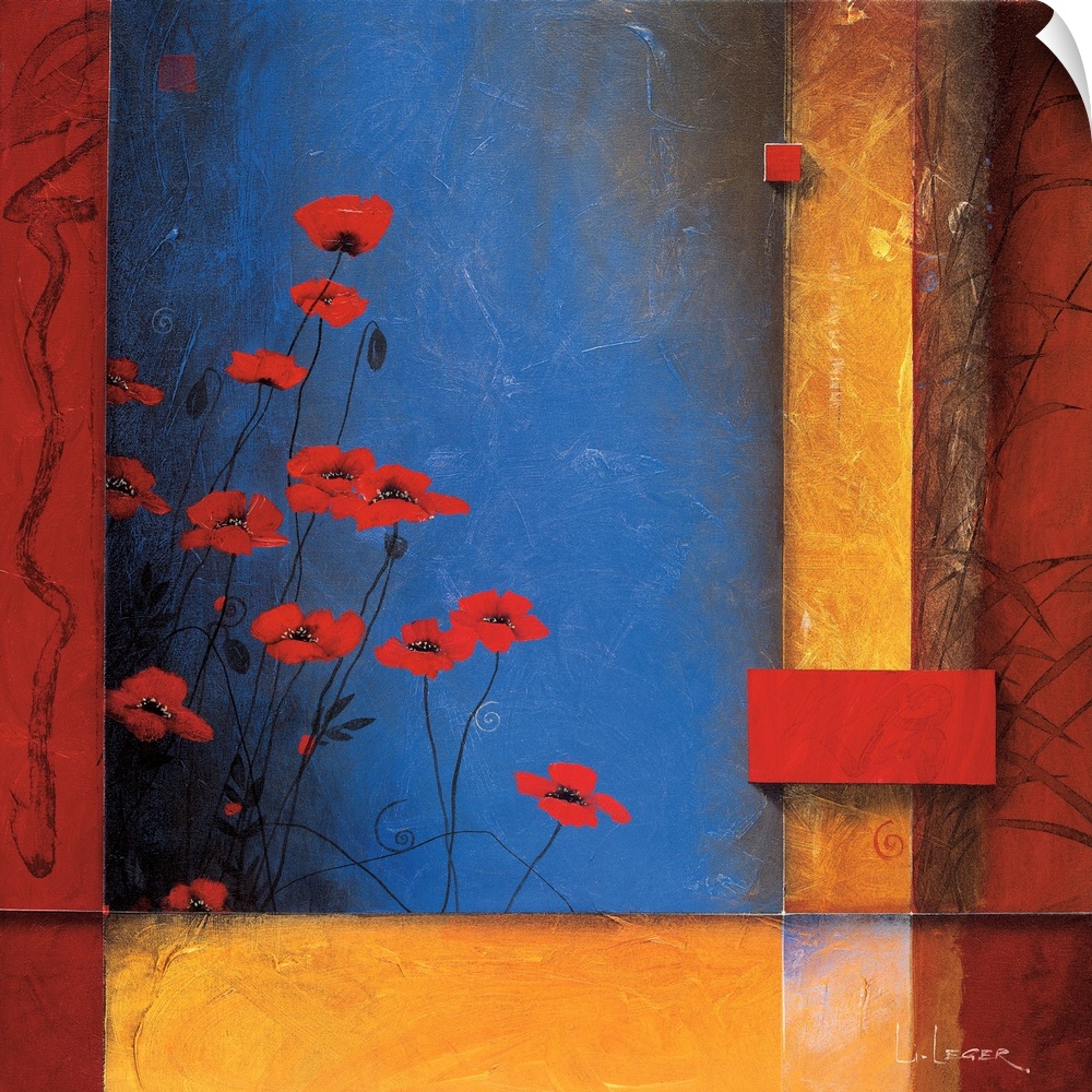 A contemporary square painting of red poppies with a square grid design.