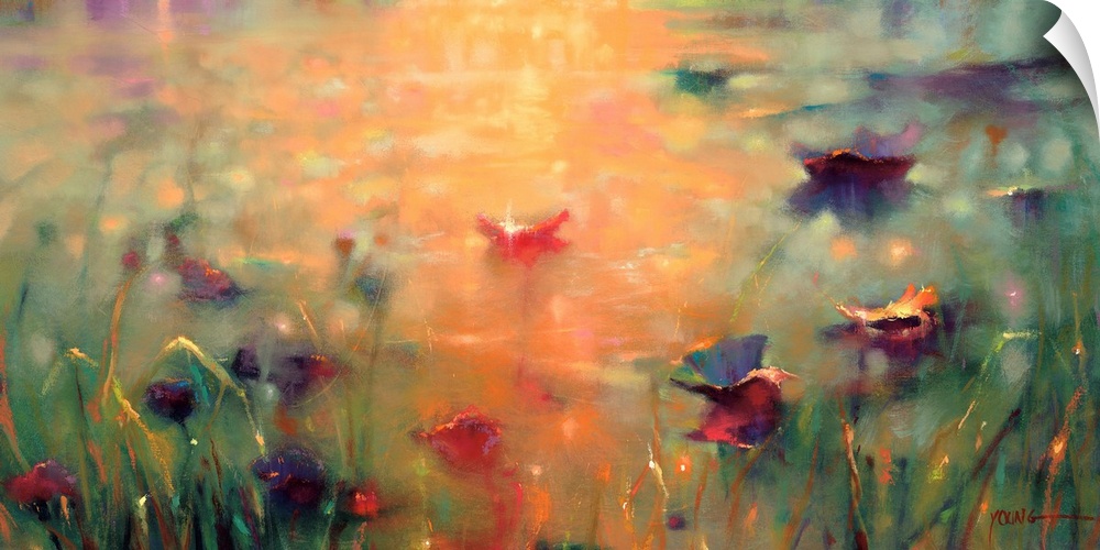 A bright colored horizontal painting of multi-colored lily pads on a body of water with the reflection of orange sun.