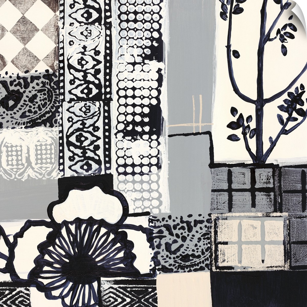 Black and white painting of squared shapes of varies patterns and a large flower on the left.