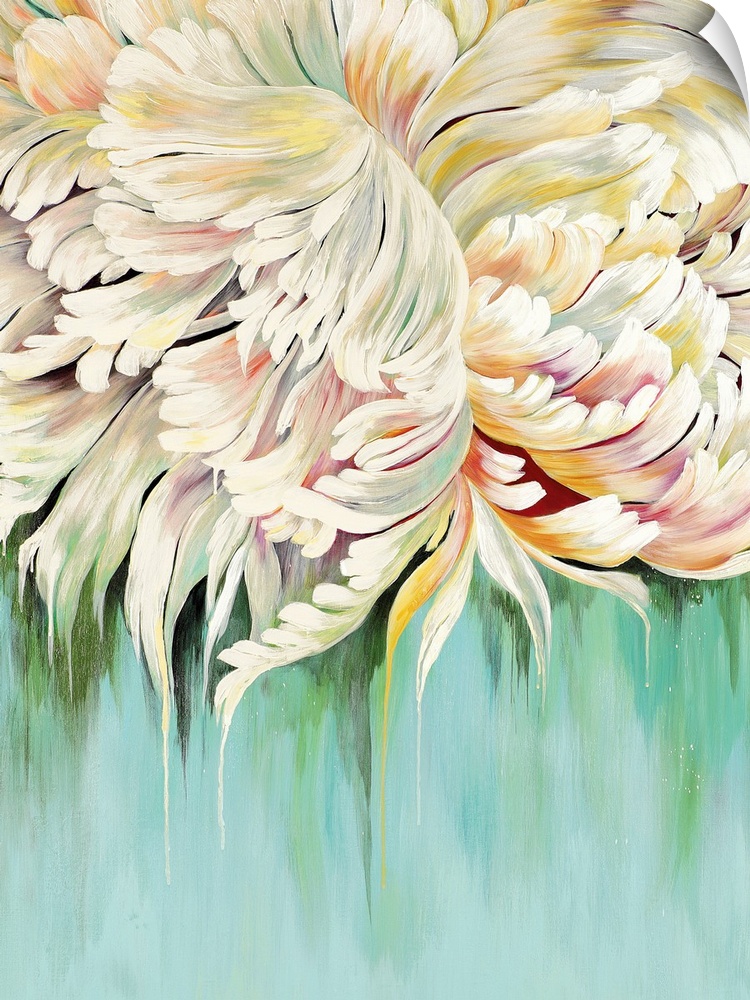 A complementary painting of a large white blooming flower, with hints of yellow and red.