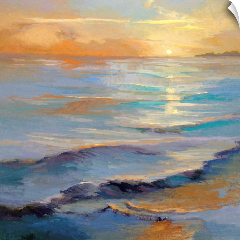 Square painting of gentle waves in the ocean with the sun reflecting in the water.