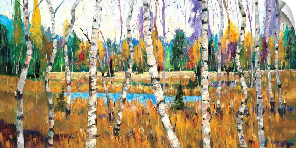 Contemporary painting of a forest full of colorful trees with a small pond.
