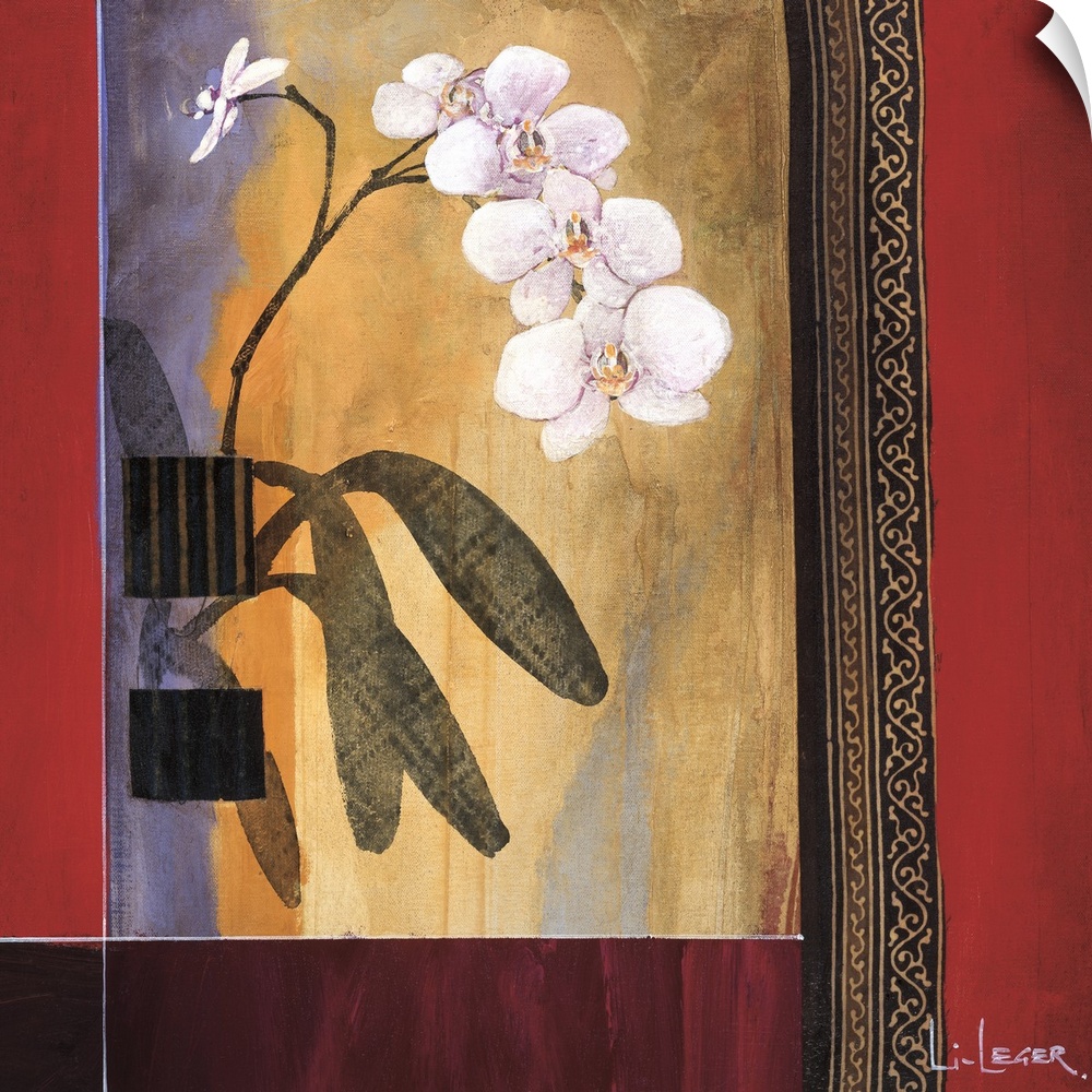 A contemporary square painting of white orchids with a square grid design.