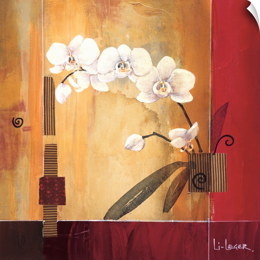A contemporary painting of white orchids with a square grid design.