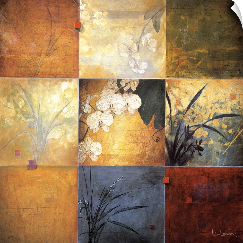Square painting of nine images of orchids in different colors and views.