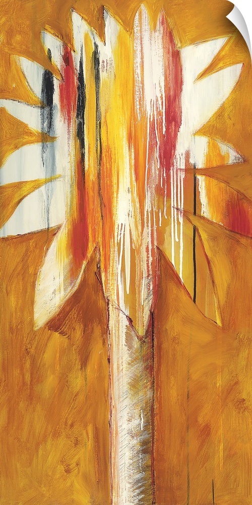 A modern painting of a single palm tree in vibrant colors of orange.