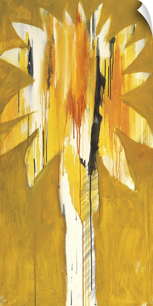 A modern painting of a single palm tree in vibrant colors of yellow.