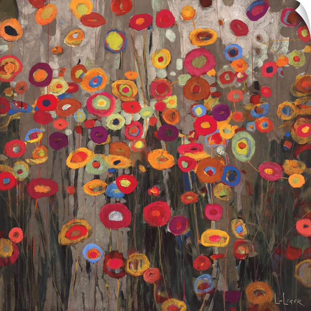A square painting of a group of multi-colored poppies on a neutral backdrop.