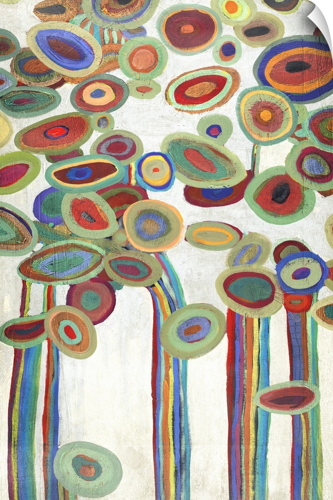 Vertical painting of a group of multi-colored circles against a neutral backdrop.