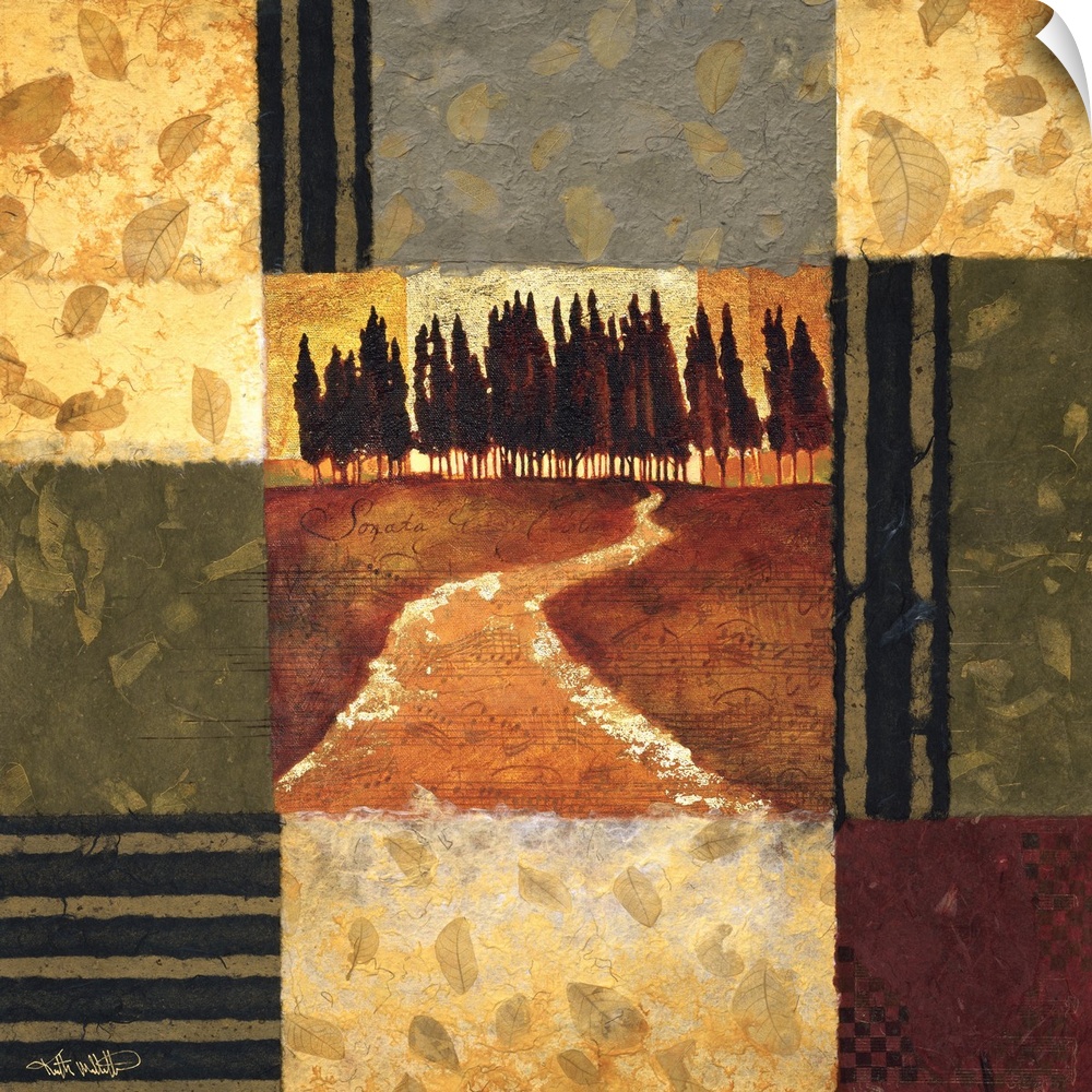 Square artwork of a landscape featuring a path leading to a row of trees surrounded by a multi-colored square border.