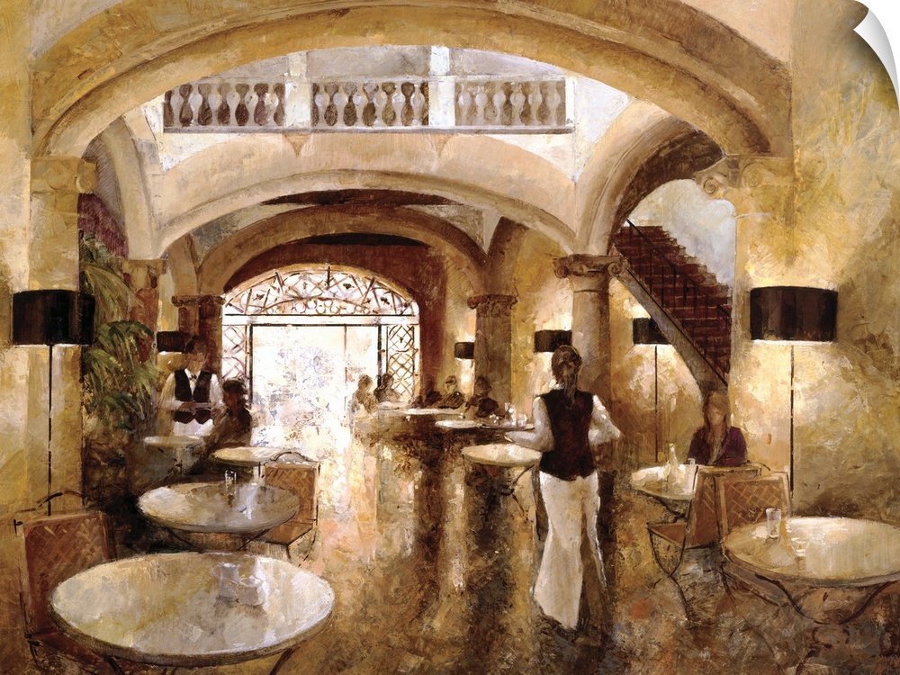 A contemporary painting of people sitting at tables in a cafe as waiters serve.