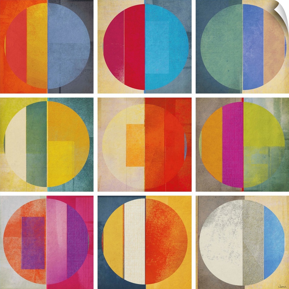 A square abstract of rows of multi-colored circles within boxes divided by white lines.