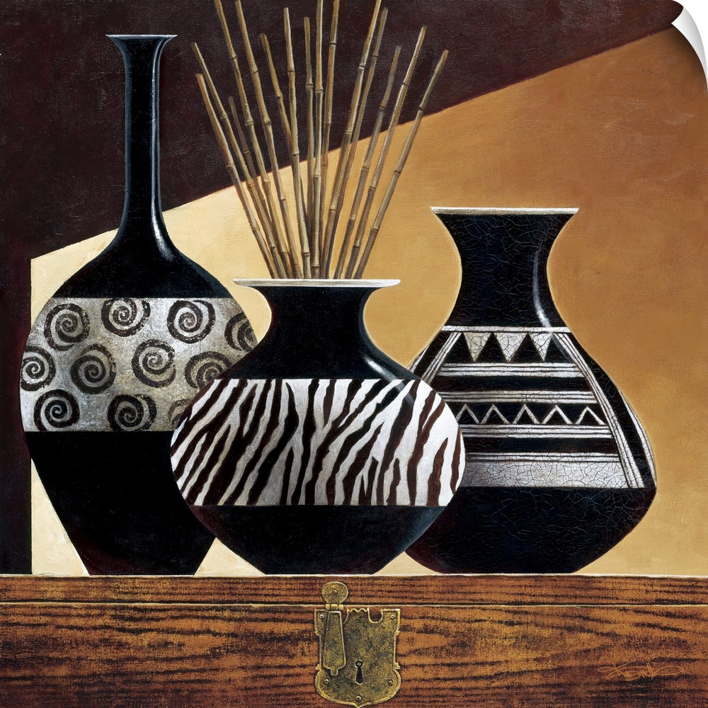 Still life painting of three vases with black and white patterns.