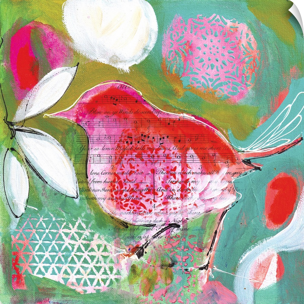 Square contemporary painting of a red and pink bird with a sheet music overlay.