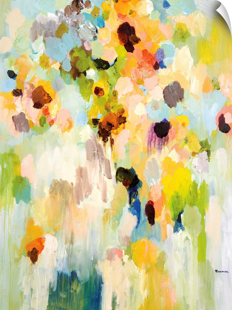 An abstract floral painting of a large vase of bright colored flowers blending together in small streaks of paint.