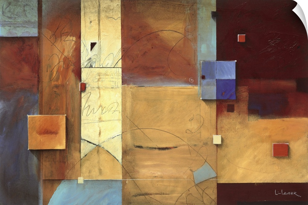 Abstract painting of squared shapes overlapped with fine lined elements all done in warm colors.