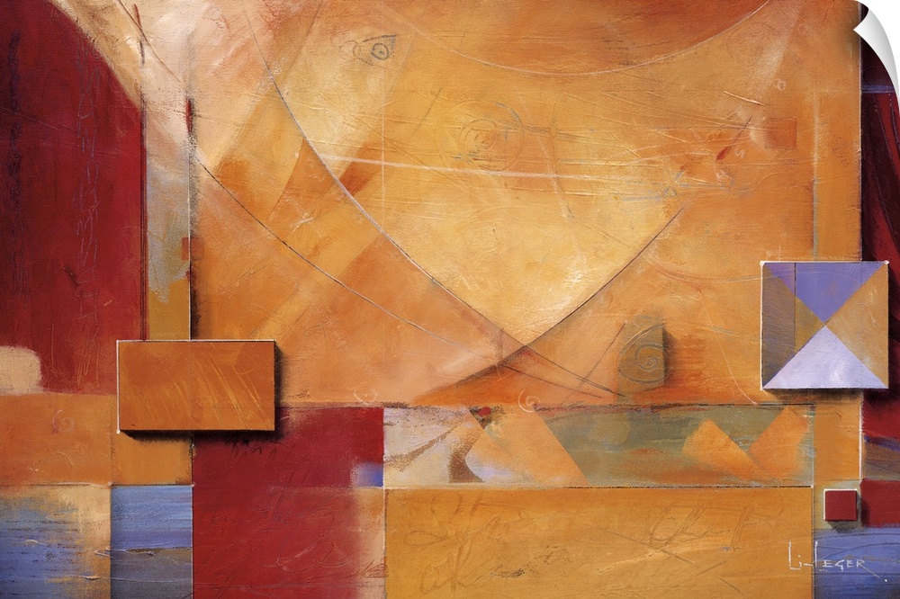 Abstract painting of squared shapes overlapped with circular and "x" elements in earth colors.